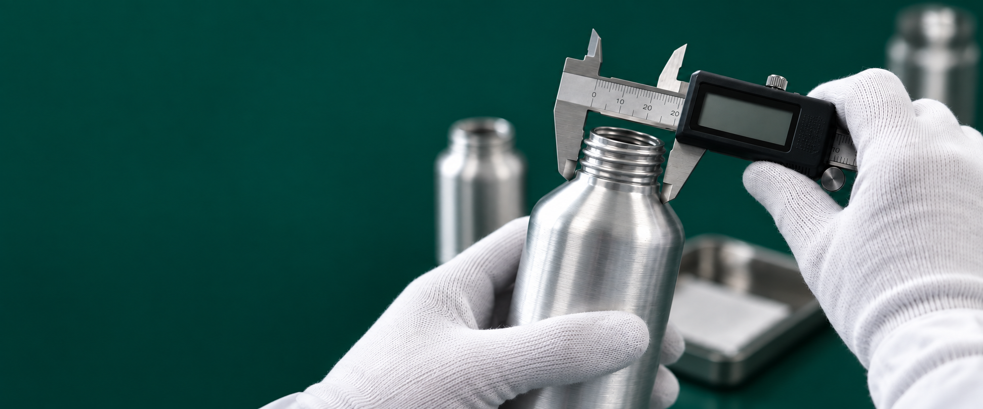 Gloved hands use a digital caliper to inspect the neck of a brushed aluminum bottle