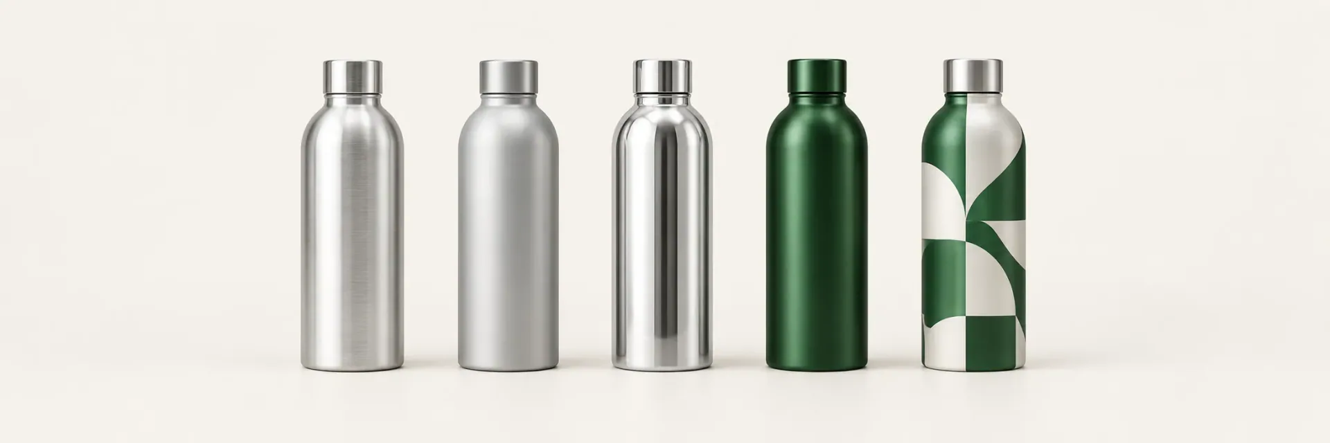 Five aluminum bottles demonstrating brushed, matte, gloss, anodized and printed finishes