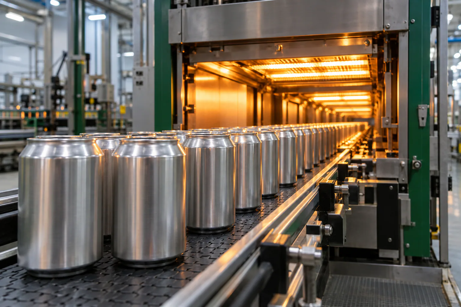 Aluminum cans moving through a controlled curing oven
