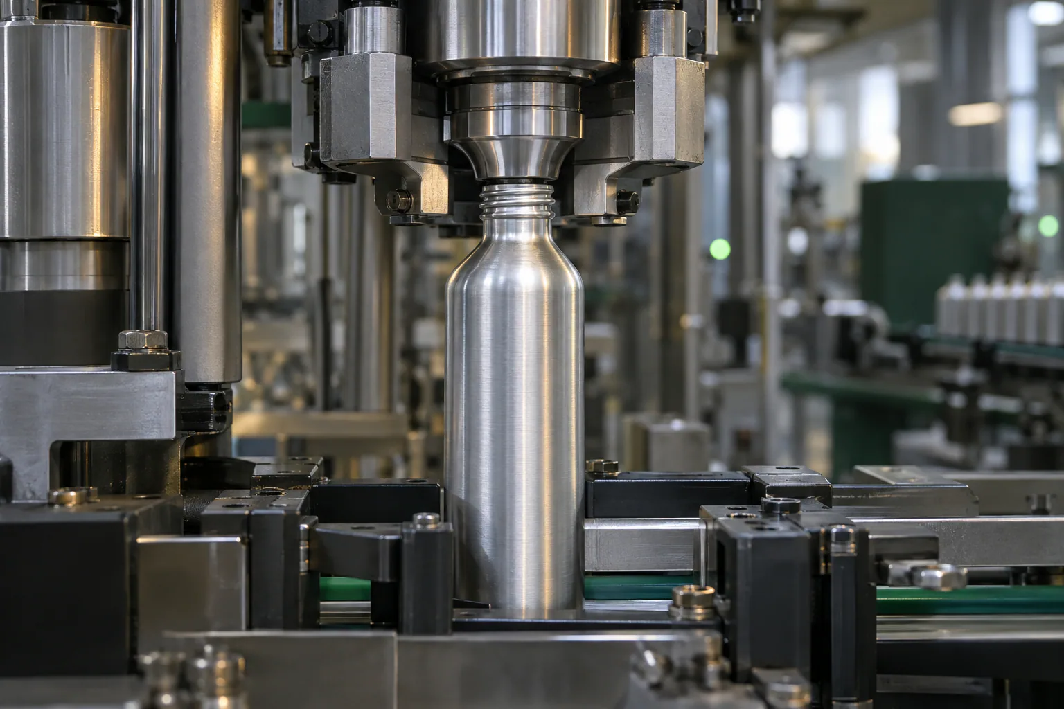 Precision machinery forming the neck of an aluminum bottle