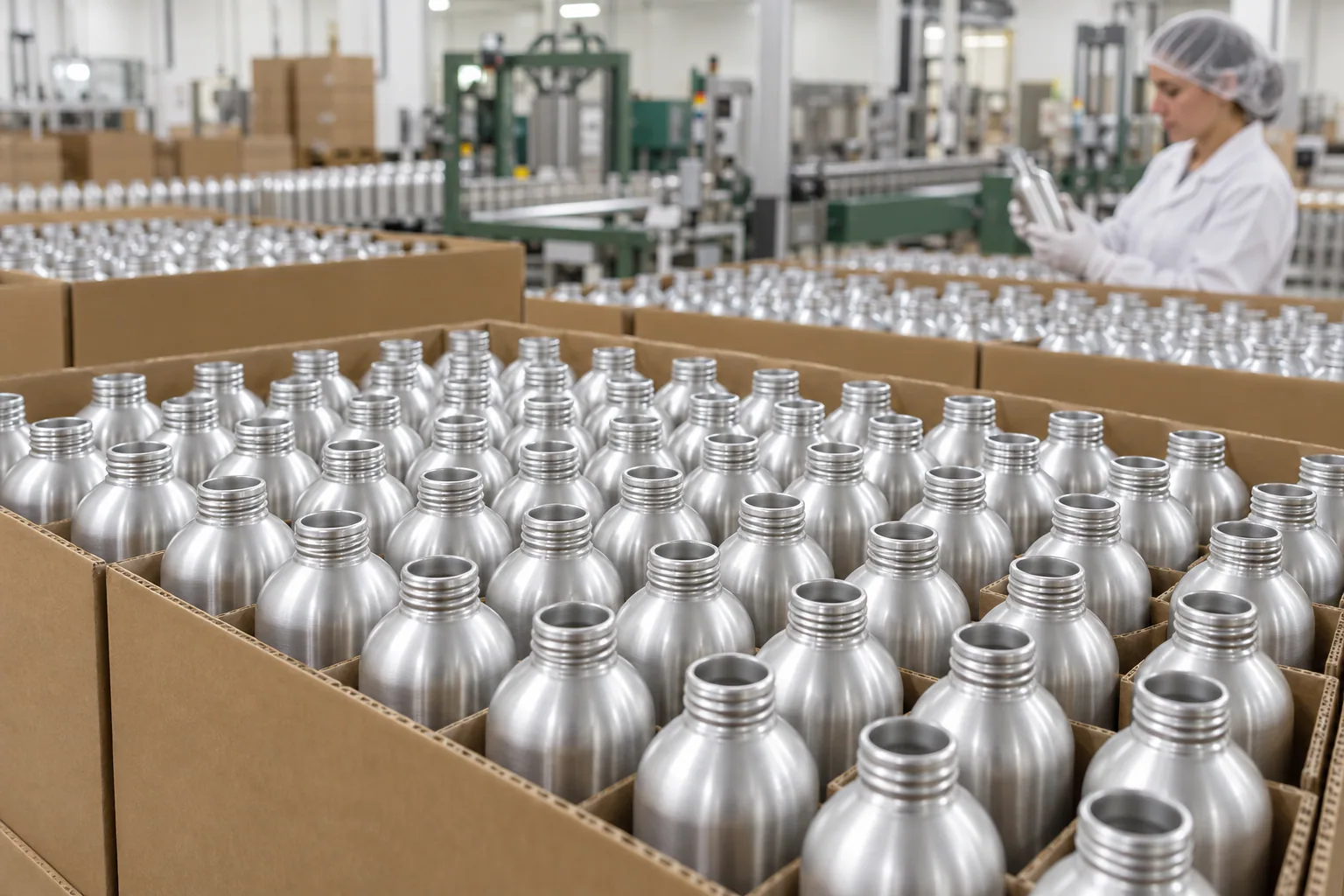 Finished aluminum bottles organized for final inspection and packing