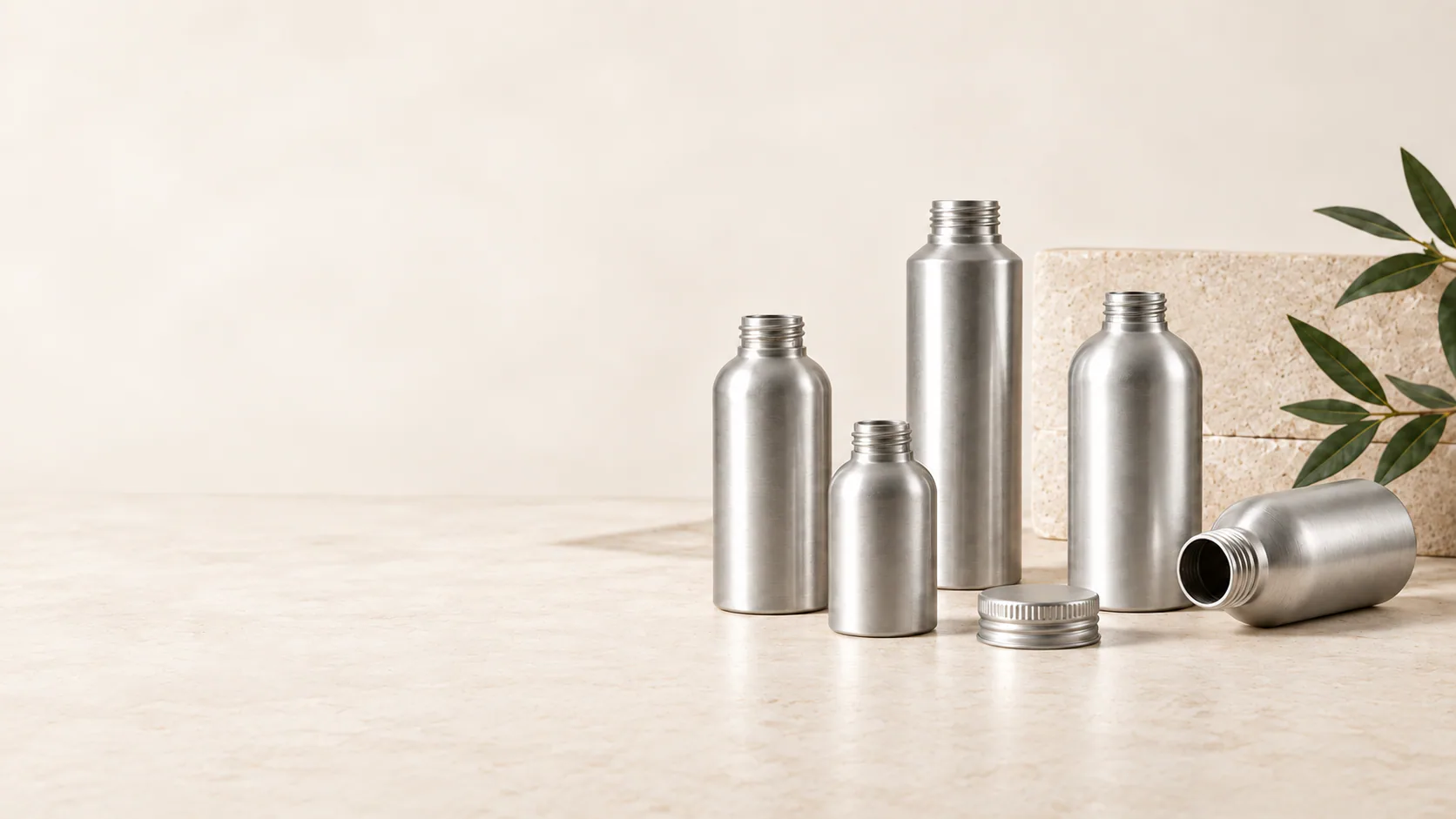 A curated range of brushed aluminum bottles and a screw cap on a warm stone surface